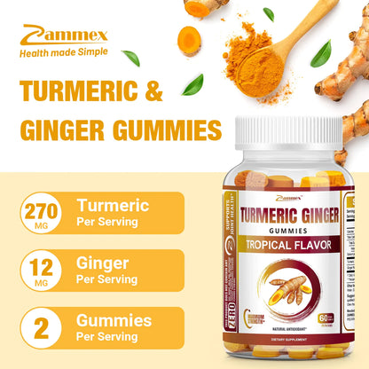 Zammex Turmeric & Ginger Gummies bottle front view — 270mg turmeric and 12mg ginger per serving for joint and immune support.